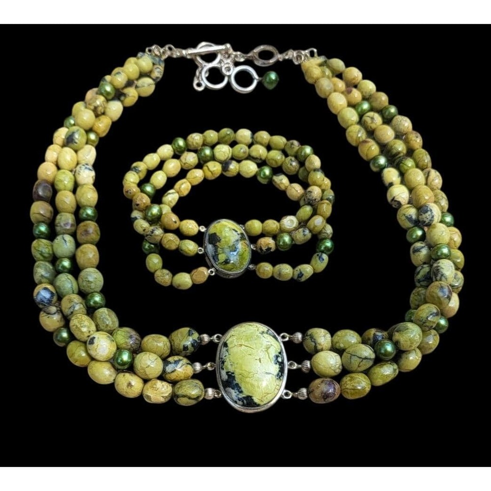 CGI 925 Green Jasper & Pearl Three Strand Beaded Toggle Necklace & Bracelet Set